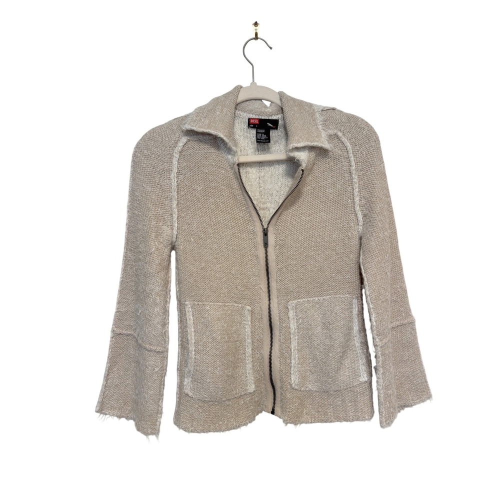 Vintage Diesel Womens Zip Up Knit Cardigan Sweater Beige Wool Blend Distressed S